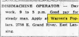 Warrens Poplars (Grapevine Restaurant) - 1966 Classified Ad (newer photo)
